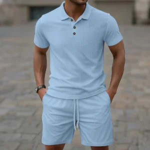 Summer Men's Suit Solid Color Threaded corduroy Short Sleeve Lapel Top Jacquard polo shirt Drawstring Shorts Men's Suit