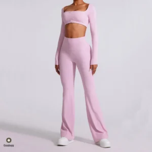 2PCS Pad Women Yoga Set Workout Pant Clothes Athletic Sports Gym Flare Legging Fitness Long Sleeve Crop Top Active Wear XP15