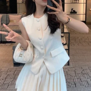 Womans Clothes for 2025 Two Piece Set Sleeveless Tunic Vest Coat High Waist Pleated Mini Skirts Outfits Chic Korean Summer Suit