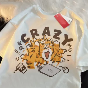 Funny Cartoon Cat Print Summer 2025 New Korean Style Ins Loose Short Sleeved T-shirt