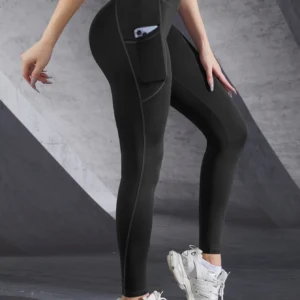 New High Waist Women's Leggings Stretch Yoga Pants Tights With Pockets Push Up Fitness Running Sportswear Solid Color Pants