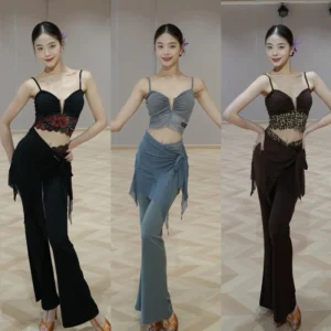 Brown Latin Dance Pants Set Women Black Sling Top Flare Pants Adult Dancer Training Clothes Adult Rumba Tango Practice Wear 1758
