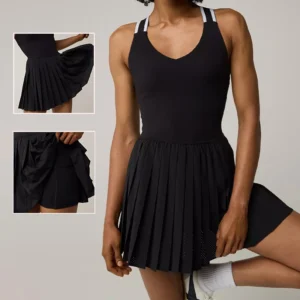 Tennis Yoga Dress Summer Women Yoga Sports Tennis Skirt Ladies Cross Exposed Back Pleated Dresses with Chest Pad Sportswear